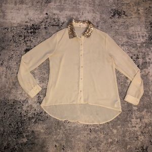 Forever 21 Cream and Gold Sequin Collar Sheer Button Down Blouse, size Small